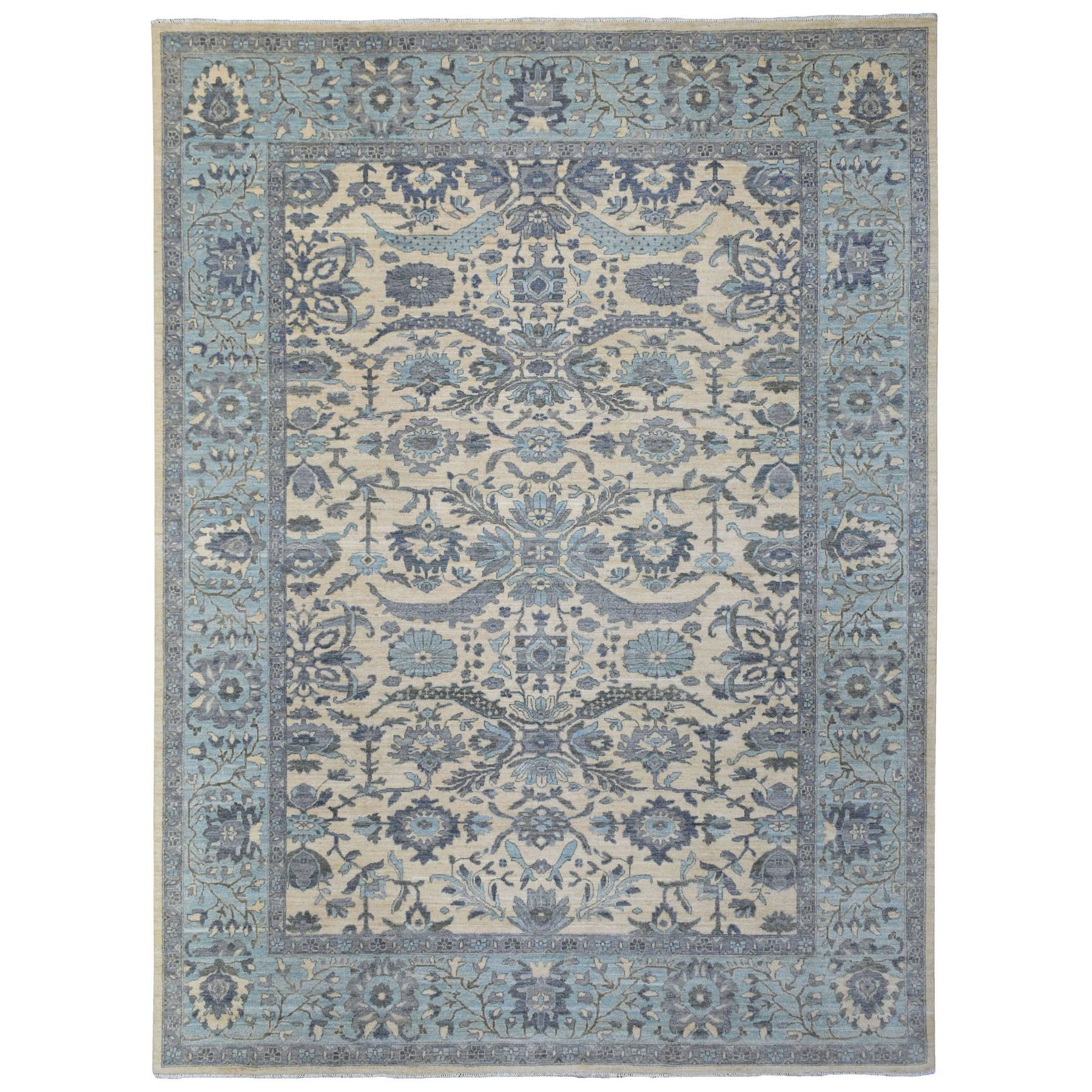9'x11'10" Ivory Afghan Peshawar with All Over Motifs Organic Wool Hand Knotted Oriental Rug 